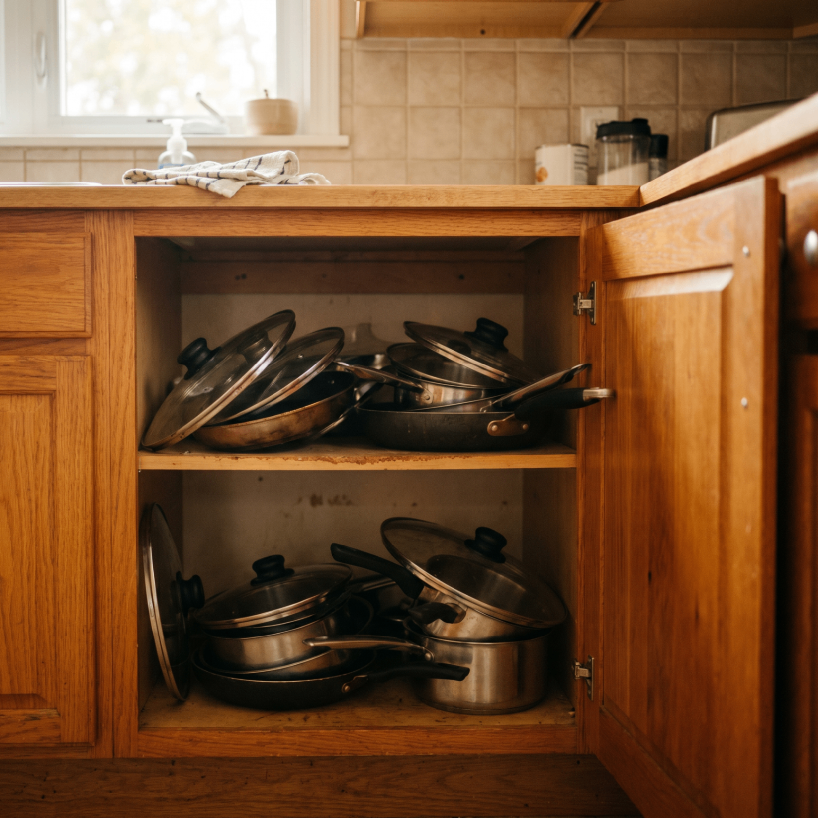 Open the messy cabinet
